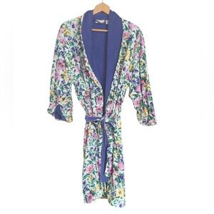 Vintage Victorias Secret Gold Label Blue Multi Floral Terry Cloth Lined Robe O/S